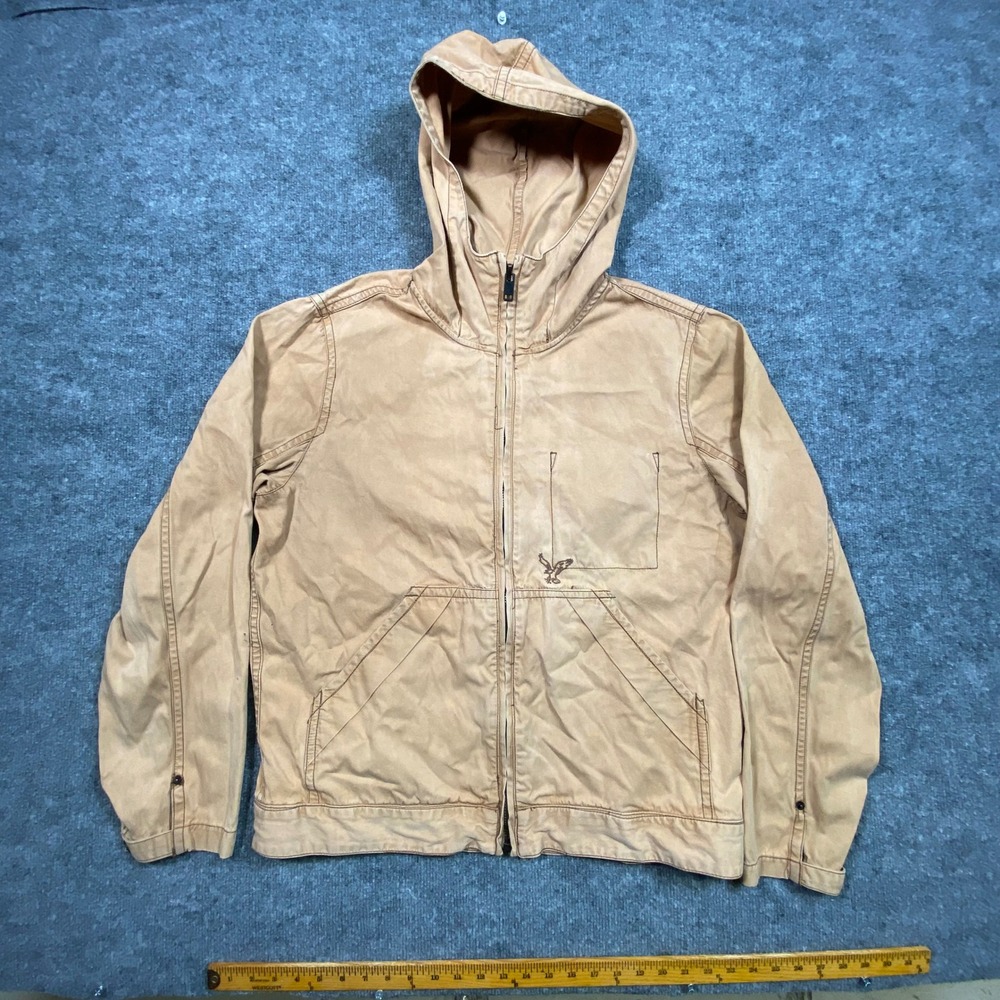 American Eagle Outfitters Mens Tan Canvas Hooded Workwear Jacket Large L Zip Up